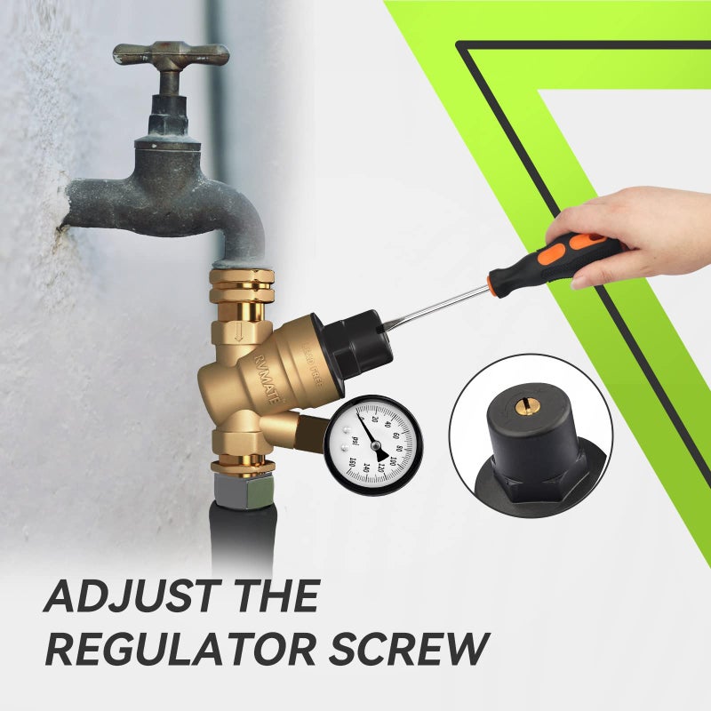 RVMATE RV Water Pressure Regulator, Brass Lead-Free Water Pressure Reducer Kit, Adjustable Valve with Inlet Screen Filter, for Camper Travel Trailer - Image 3